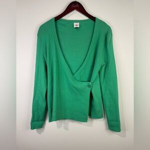 CAbi Green ribbed Wrap top with Button Detail